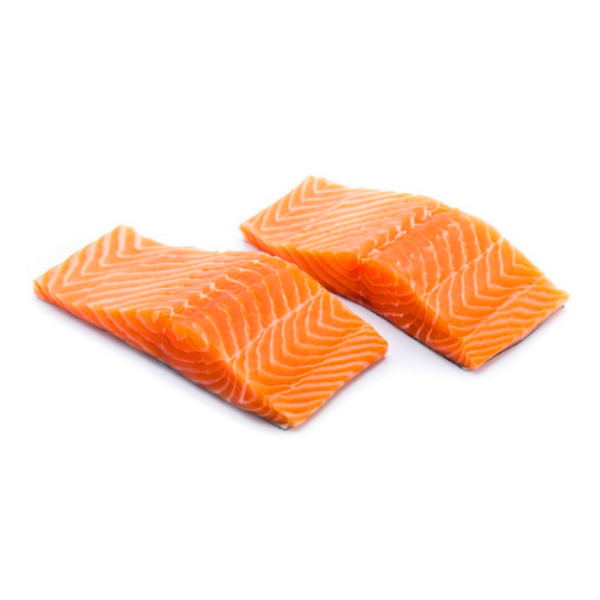 Fresh Norwegian Salmon Fillet displayed on a clean, white background, showing the vibrant orange color and rich texture of the fish. Available at Niwan Seafood.